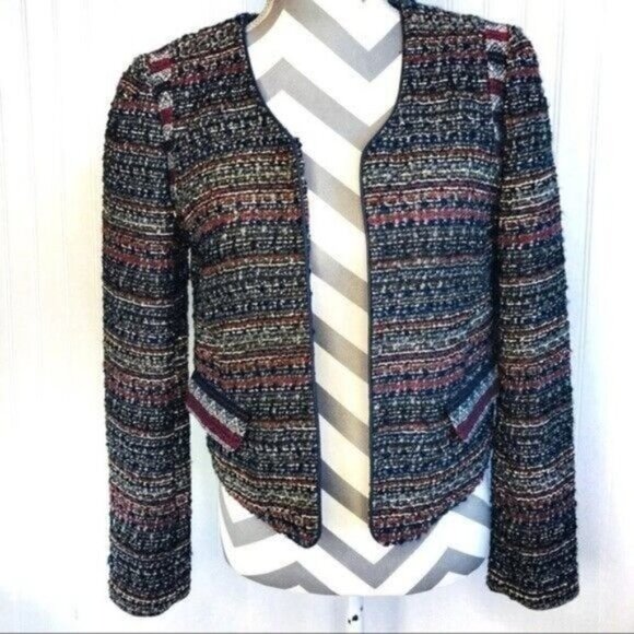 Ann Taylor Loft Boucle Tweed Multi Striped Navy Open Wool 2 Aztec Blazer NWT - Picture 4 of 7